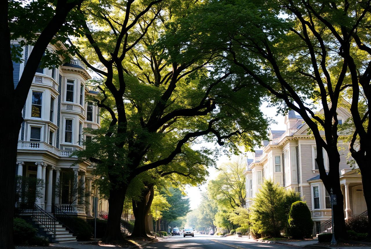 Residential streetscape in Brookline, Massachusetts
